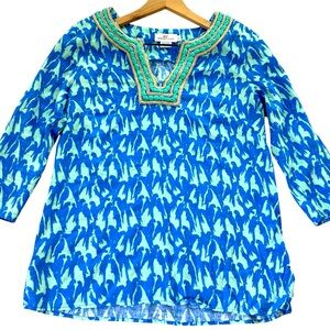 Vineyard‎ Vines Tunic Parrot Top Lucaya Linen Embellished Neckline Blue Size- S